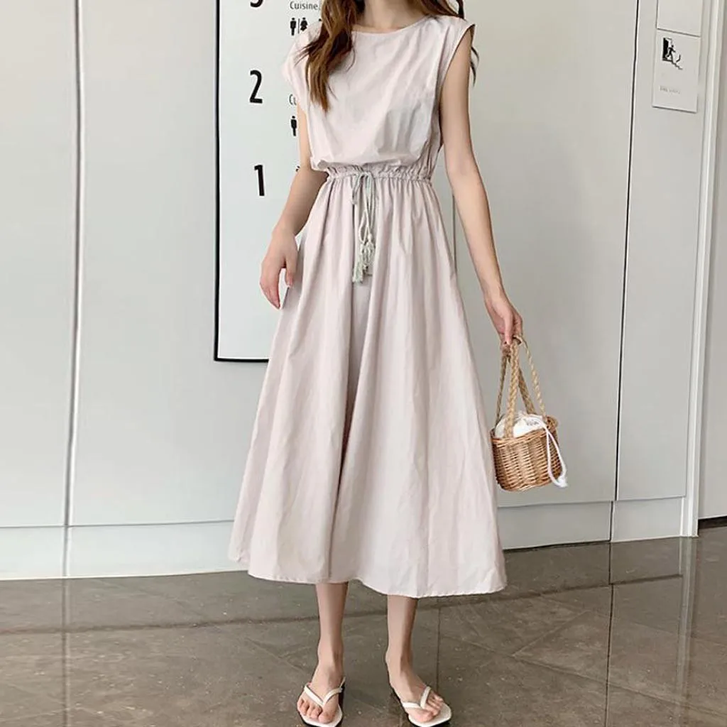 Женское Элегантное Длинное платье без рукавов повседневное однотонное с круглым