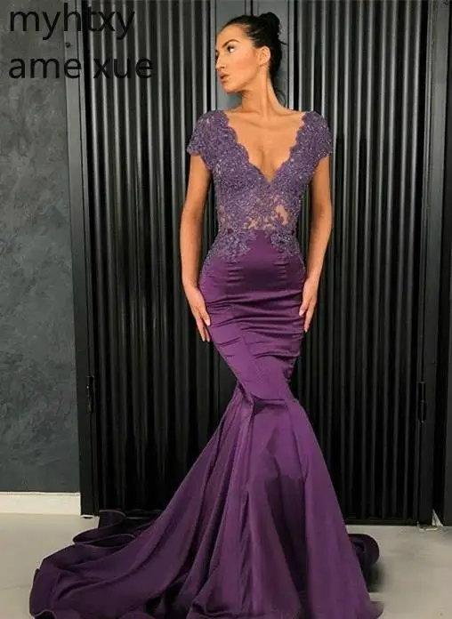 Purple Sexy Custom Illusion Event Prom Dresses 2021 Mermaid V Neck Appliques Wear Evening Party Gowns Plus Size Dress Elegant | Свадьбы и