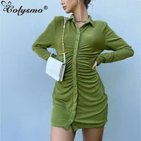 colysmo orange shirt dress button solid color ruched lapel cardigan sexy long sleeve dresses autumn women casual party wear 2020
