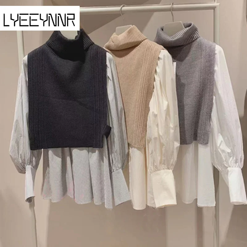 

Bugilaku Ensemble Femme 2 Pieces Office Lady Long Lantern Sleeve Shirt Knitted Turtleneck Vests Sweet Fashion Conjunto Femenino