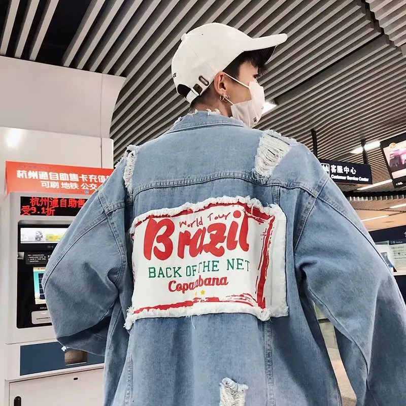 Мужская джинсовая куртка Zogaa Повседневная Свободная однотонная с дырками