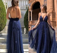sparkly navy blue 2020 prom dresses v neck backless sequins a line arabic dubai formal evening party gowns robe de soriee