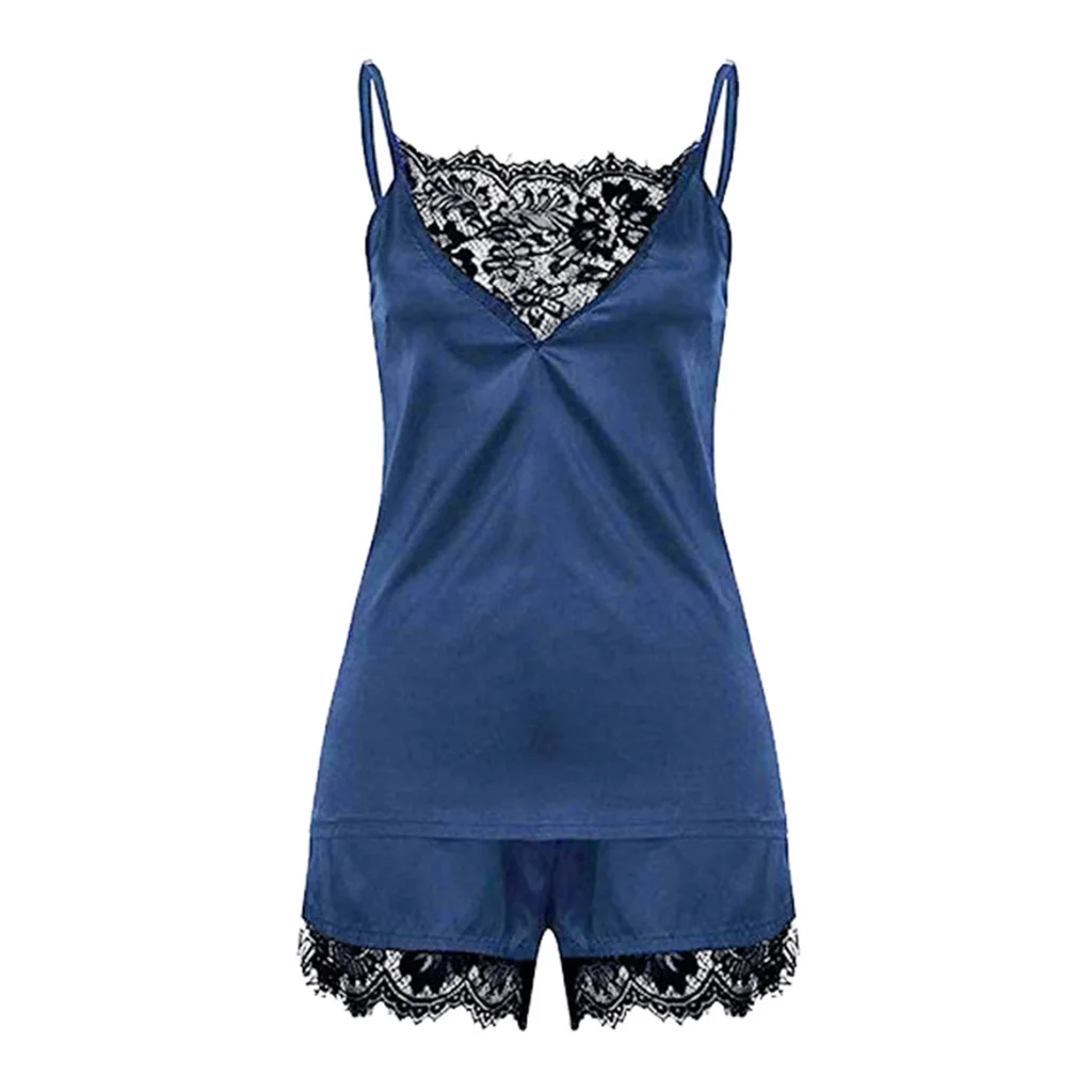 

Womens Lace Satin Sleepwear Cami Top And Shorts Pajama Set Blue
