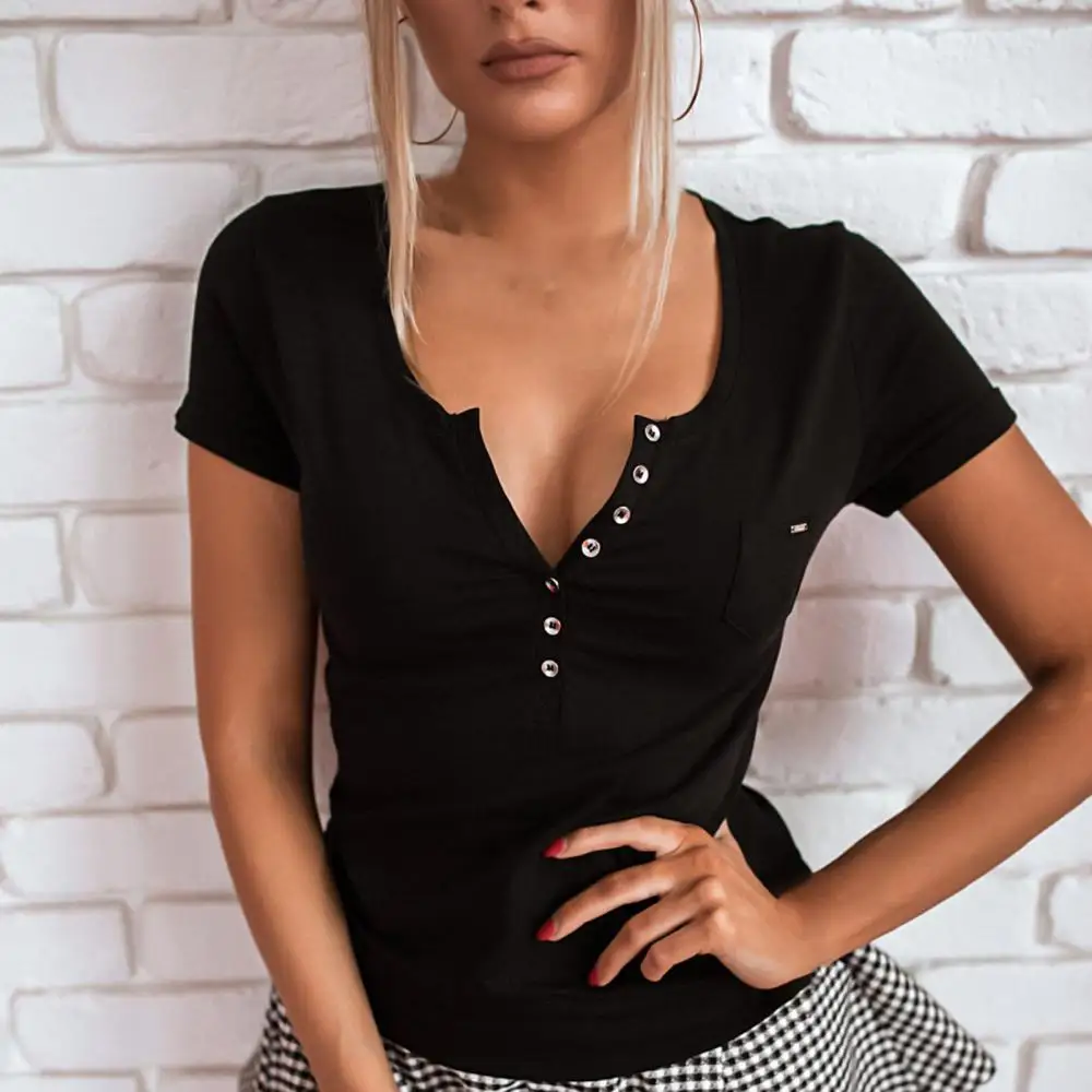 

80% Dropshipping!!Women's summer short-sleeved V-neck casual solid color button slim T-shirt top