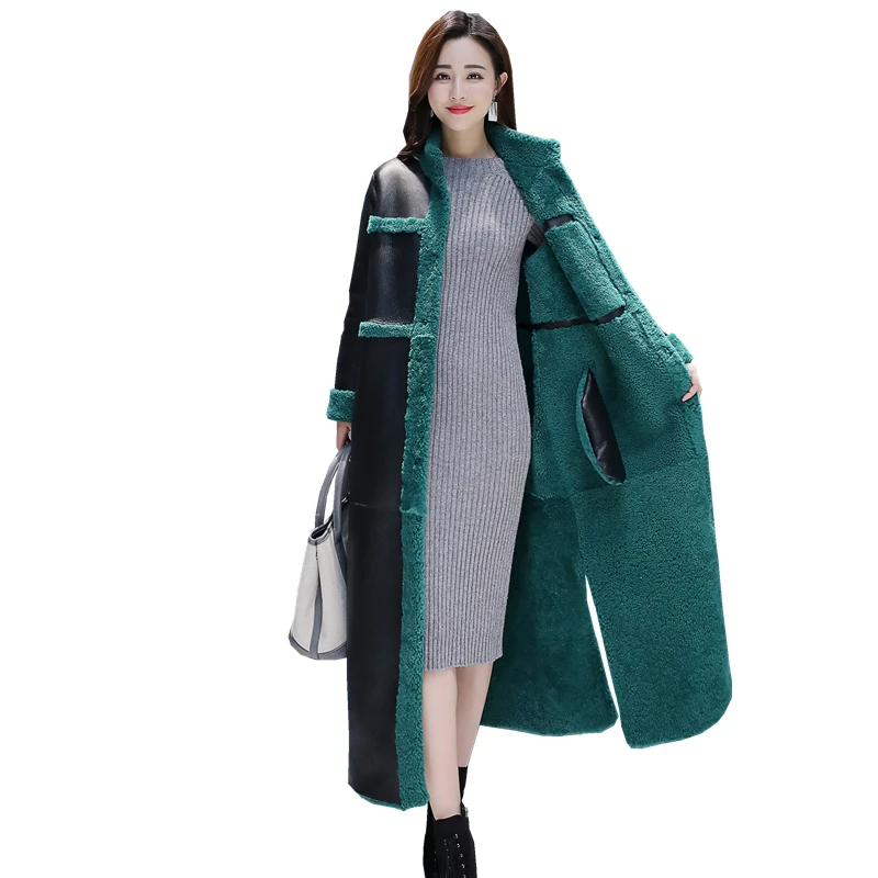 Autumn And Winter Fur One-Piece Iamb Hair Female Iong Double-Sided Wear Plus Velvet Thick Fashion PU Ieather Slim JacketSpliced