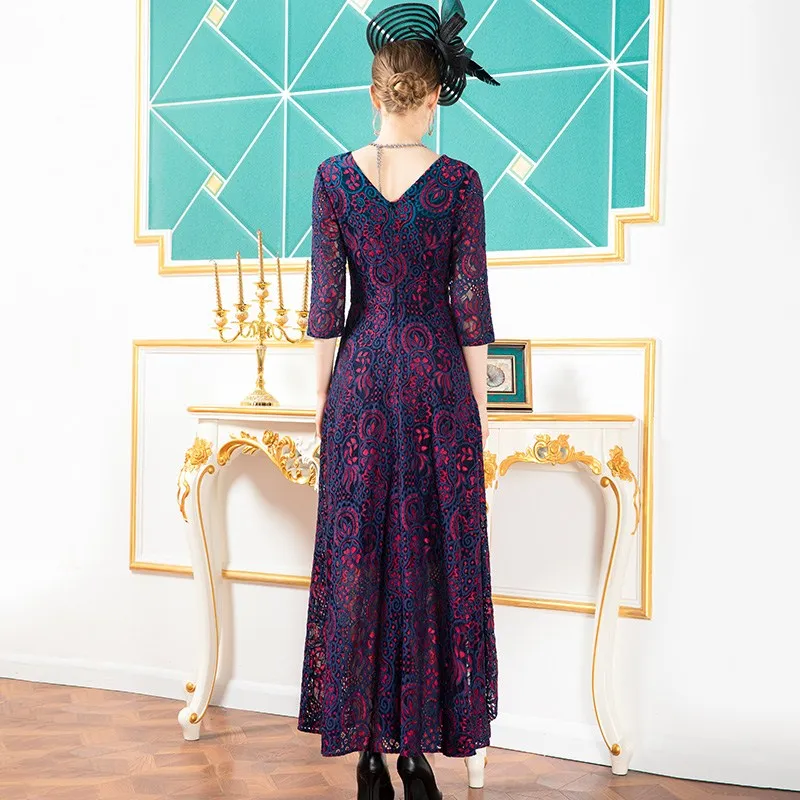 

Plus Size Lace Long Dress 2020 Autumn Women V-Neck Color Block Lace Embroidery Three Quarter Sleeve Lace Maxi Dress Occasions