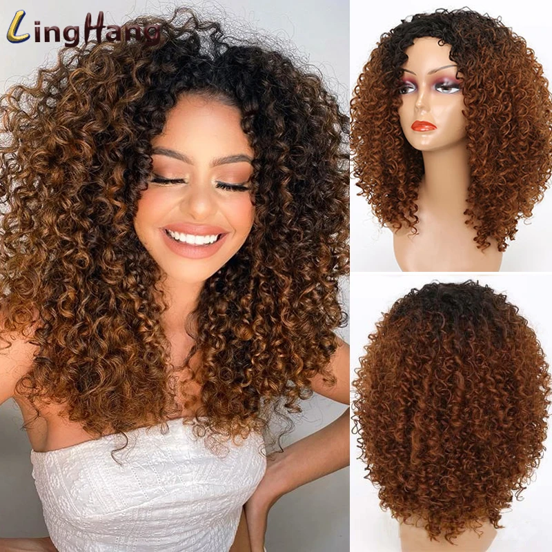 

LINGHANG 16inch Afro Kinky Curly Wig Synthetic Short Wig With Bangs Mixed Brown and Blonde Wig for Black Women