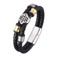 trendy black double braided leather bracelets men spades skull wristband stainless steel male bangles punk jewelry gift sp0938