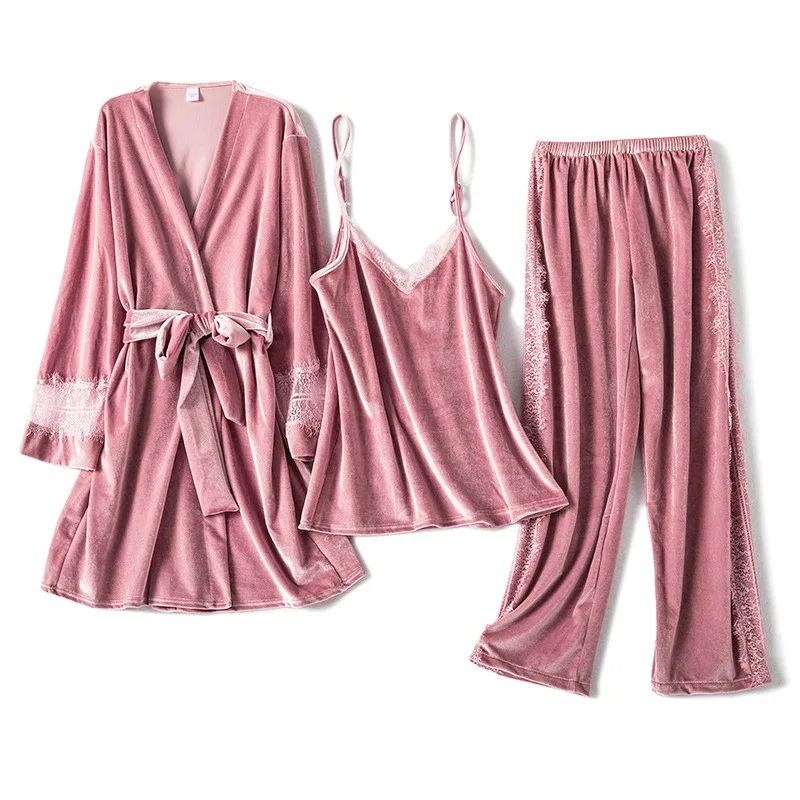 

3PCS Pajamas Suit Burgundy Velvet Bride Wedding Robe Set Lady Autumn Winter Sexy Lace V-neck Sleepwear Nightwear Casual Bathrobe