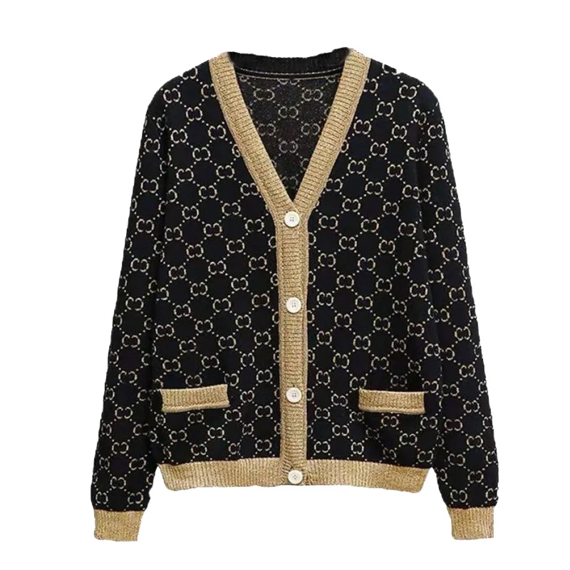 

Luxury Clothes Women 2021 Fashionable Brand G Letter Knitted Cardigan Women Long Sleeve Gold Jacquard Wool Blends Sweater Female