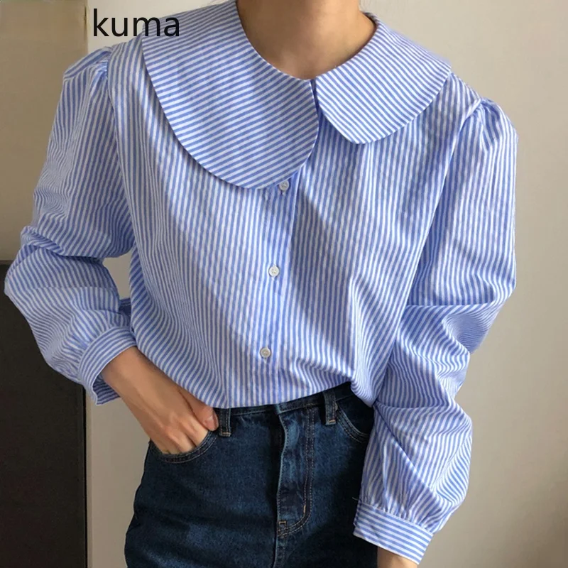 

Striped Women Blouse Sweet Peter Pan Collar 2021 Spring New Korean Sweet Shirt Causal Puff Sleeve Blusas Mujer