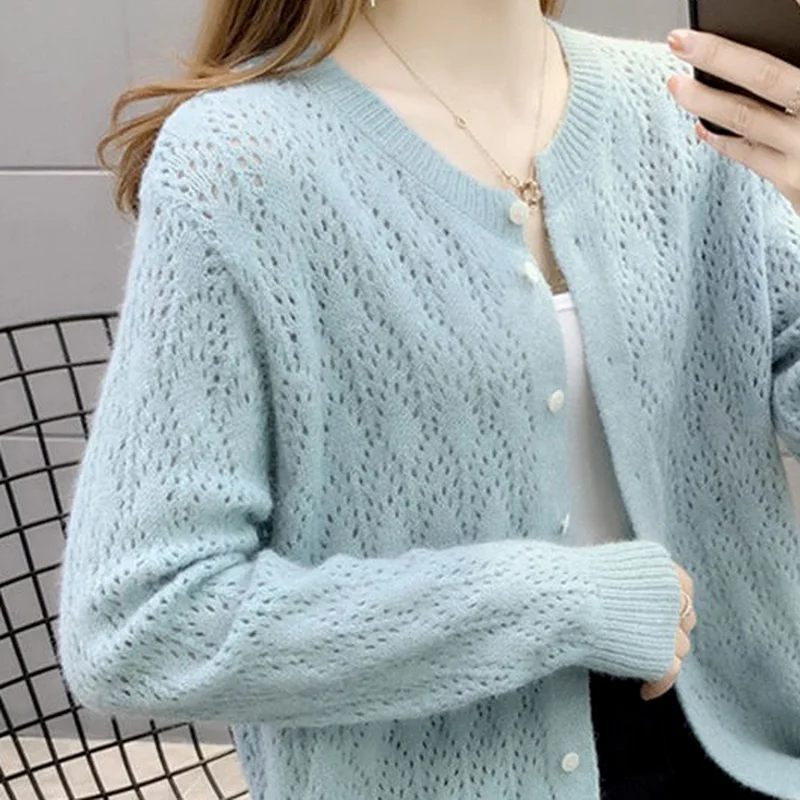 

Sweater Cardigan Women Long Sleeve Elegant Hollow Out Simple O-neck All-match Trendy Loose Breathable Clothing Mujer Leisure Ins