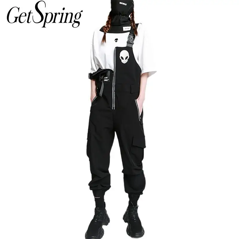 

GetSpring Women Pants Loose Long Woman Overalls Black Beige Strap Women Trousers Pocket Casual Woman Pants Spring Overalls 2021