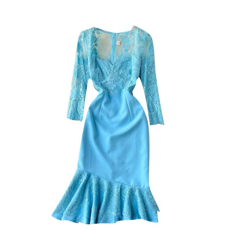 

Insight into lace 7 / 4 sleeve sexy low collar with leaky collar, waist closed and thin irregular Ruffle Dress