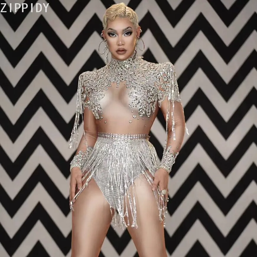 Блестящие Серебристые Стразы с блестками и кисточками спандекс боди для ночного