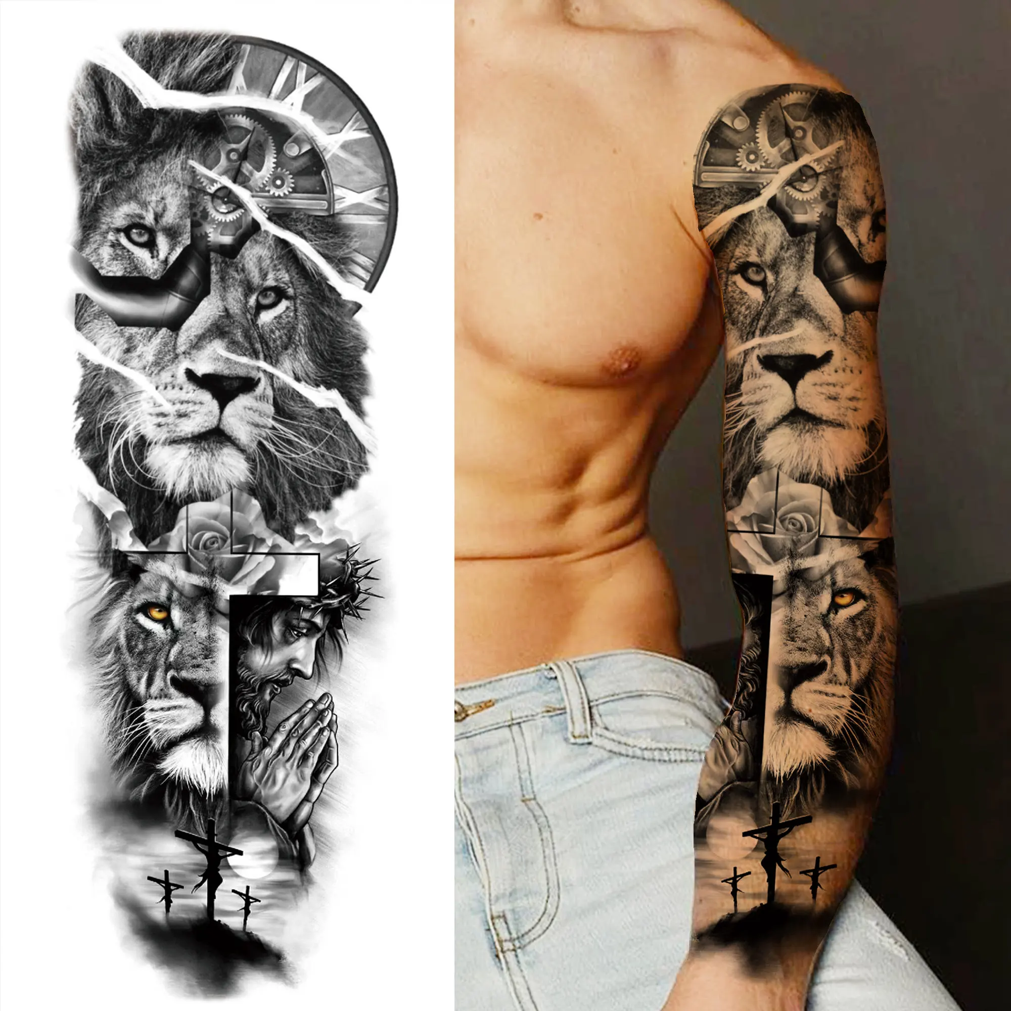 Tribal wolf sleeve tattoo