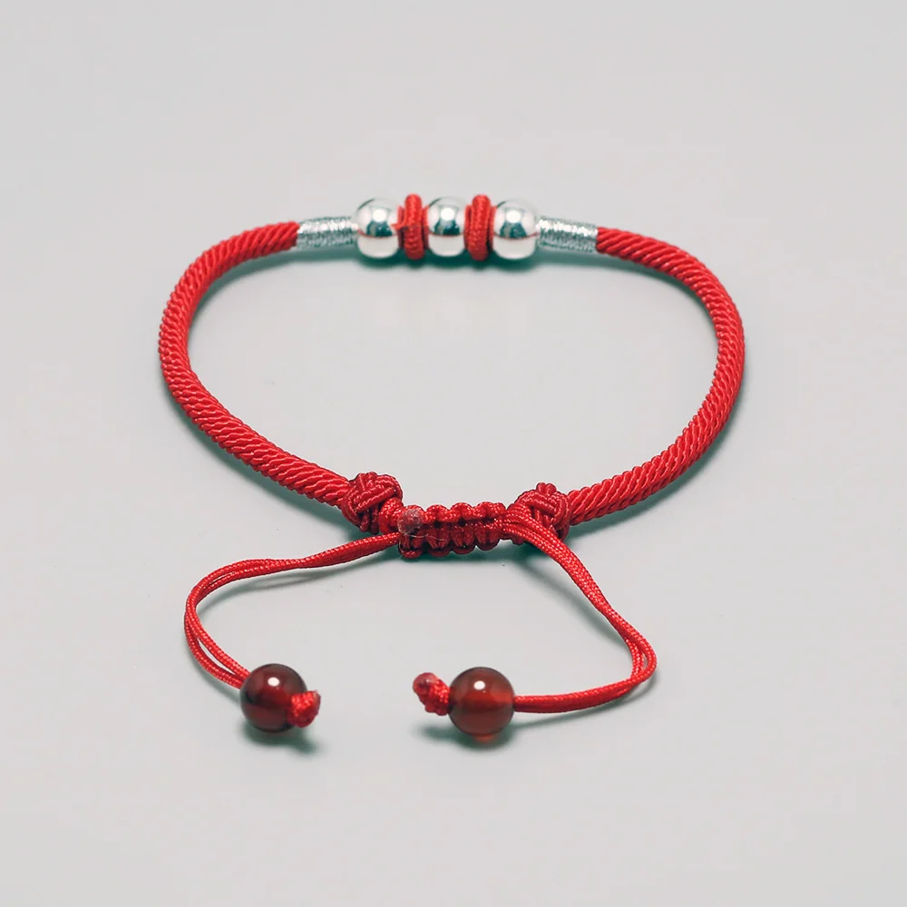 999 стерлингового серебра круглые бусины Lucky Red Rope браслет для мужчин и женщин