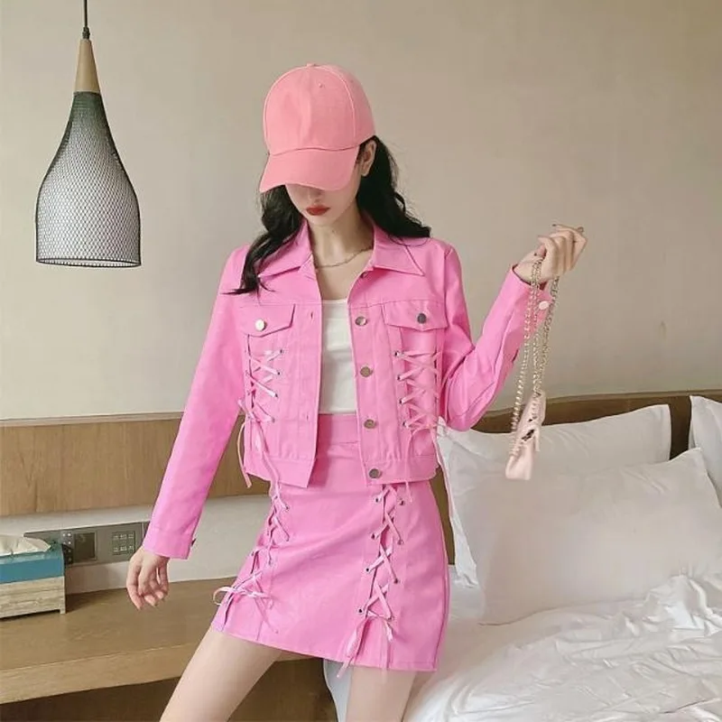 2021 Spring Autumn Women Korean Fashion Two-piece Set Bandage Short PU  Jacket + High Waist Leather Skirt Two-pieces Suit Y297