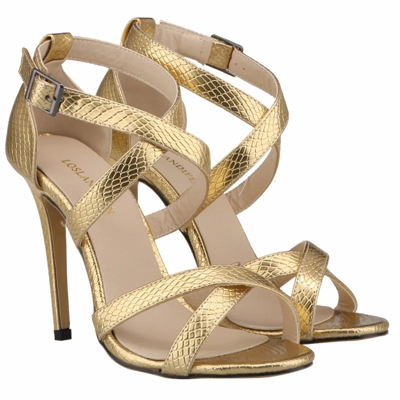 LOSLANDIFEN Модные женские крокодиловые сандалии с открытым носком на высоком каблуке