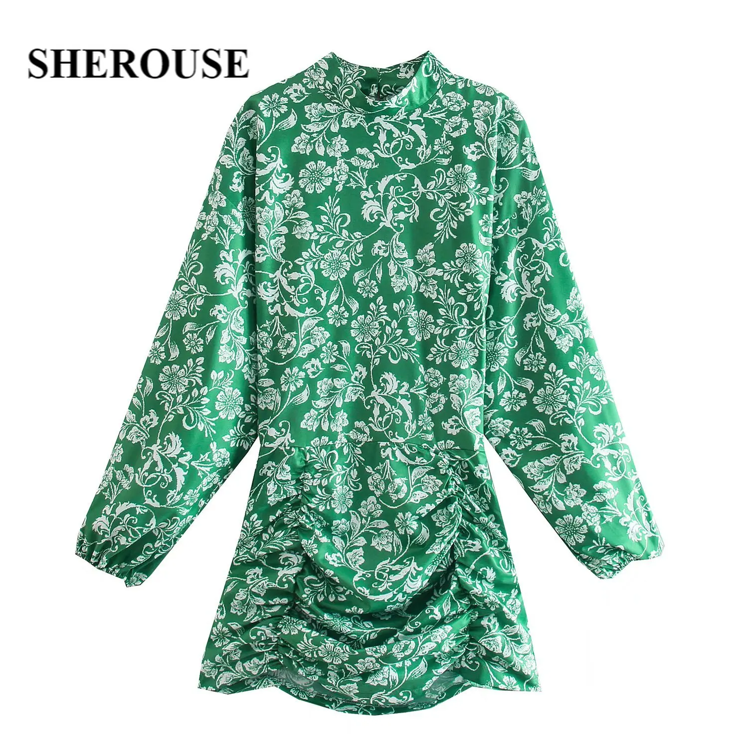 

Женское платье с цветочным принтом SHEROUSE, винтажное Короткое мини-платье с длинными рукавами-фонариками и воротником-стойкой