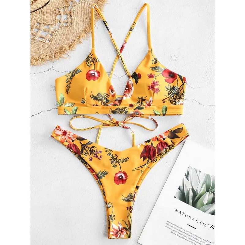 2020 женский сексуальный комплект бикини со шнуровкой и цветочным рисунком