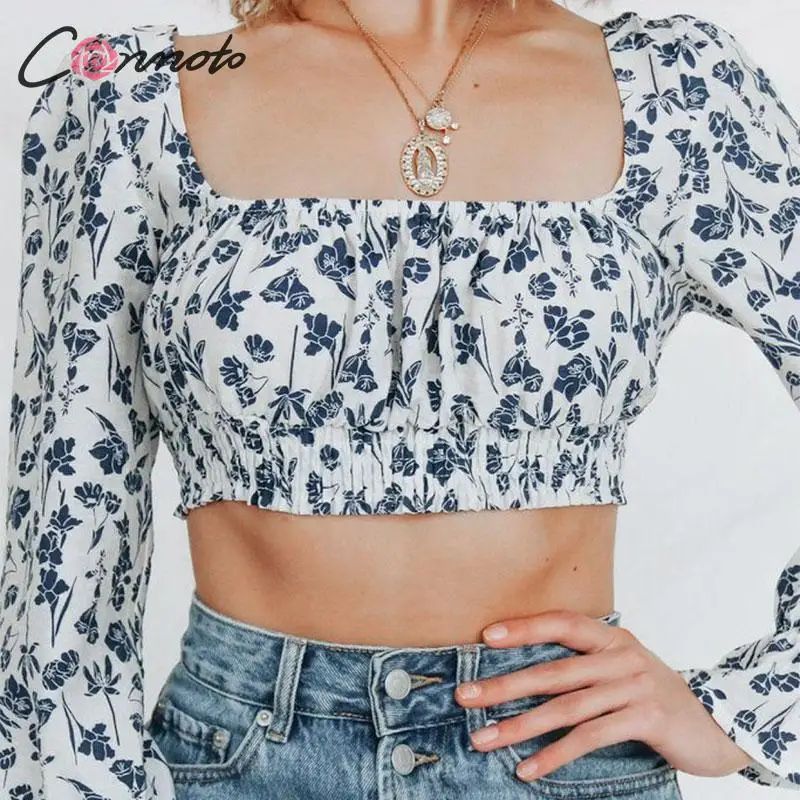 Conmoto/модные синие женские короткие топы с цветочным принтом и блузка 2019 осенне