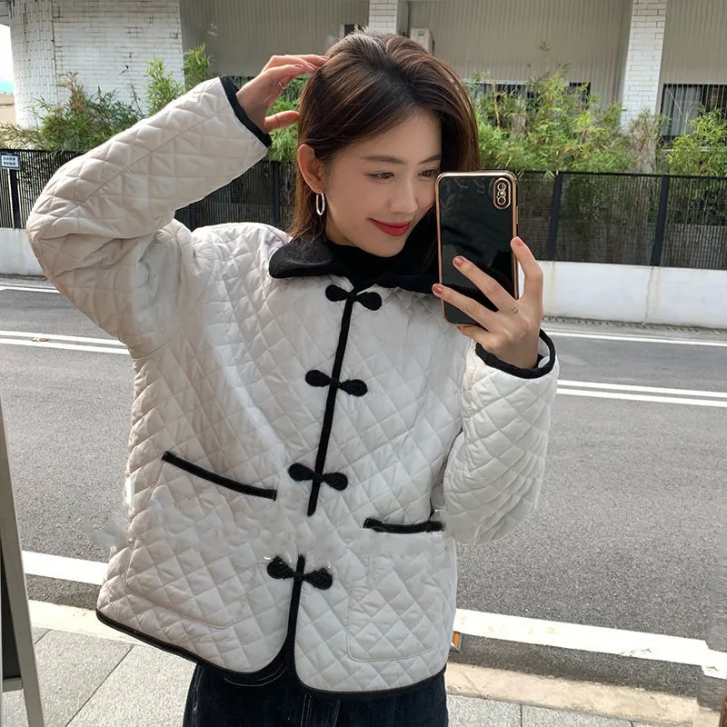 Winter Coat Jacket Women Loose High-end Fashion Thickened Warmth Autumn Winter New Chinese Retro Disc Buckle Diamond Cotton Coat