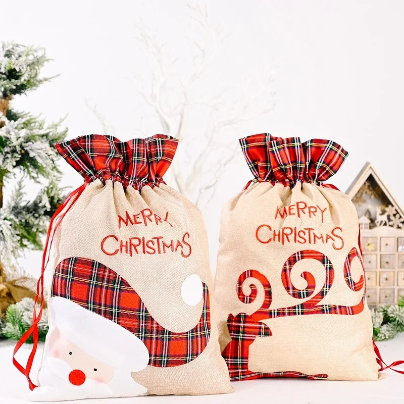

Christmas Large Candy Gift Big Bag Cute Christmas Linen Tote Bag Lattice Side Drawstring Pocket Gift for Children