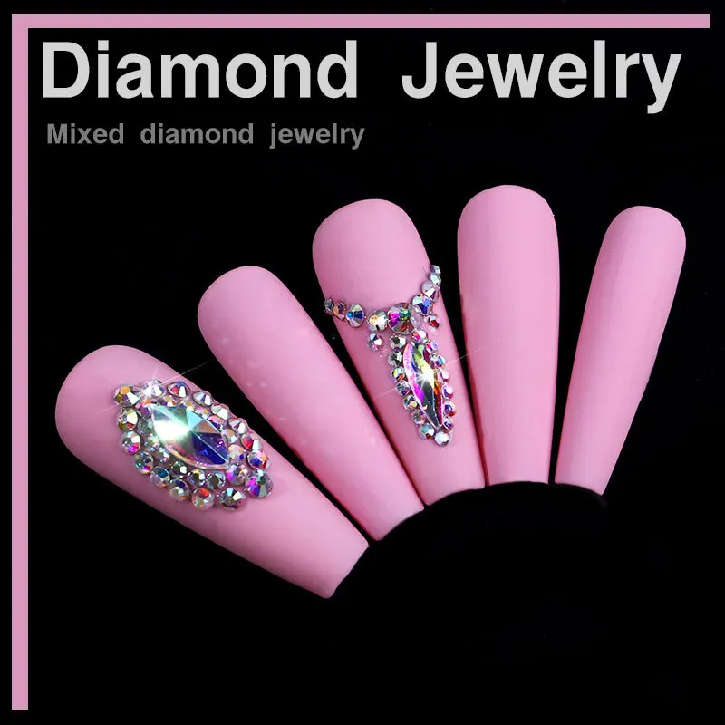 

Crystal AB Nail Rhinestone In Grids 20Shape Flat- Back Nail Art Decorations Rhinestones With 1 Pick Up Pen In Clear Big Box
