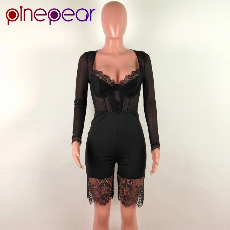 Черный кружевной сетчатый прозрачный Облегающий комбинезон PinePear женская одежда