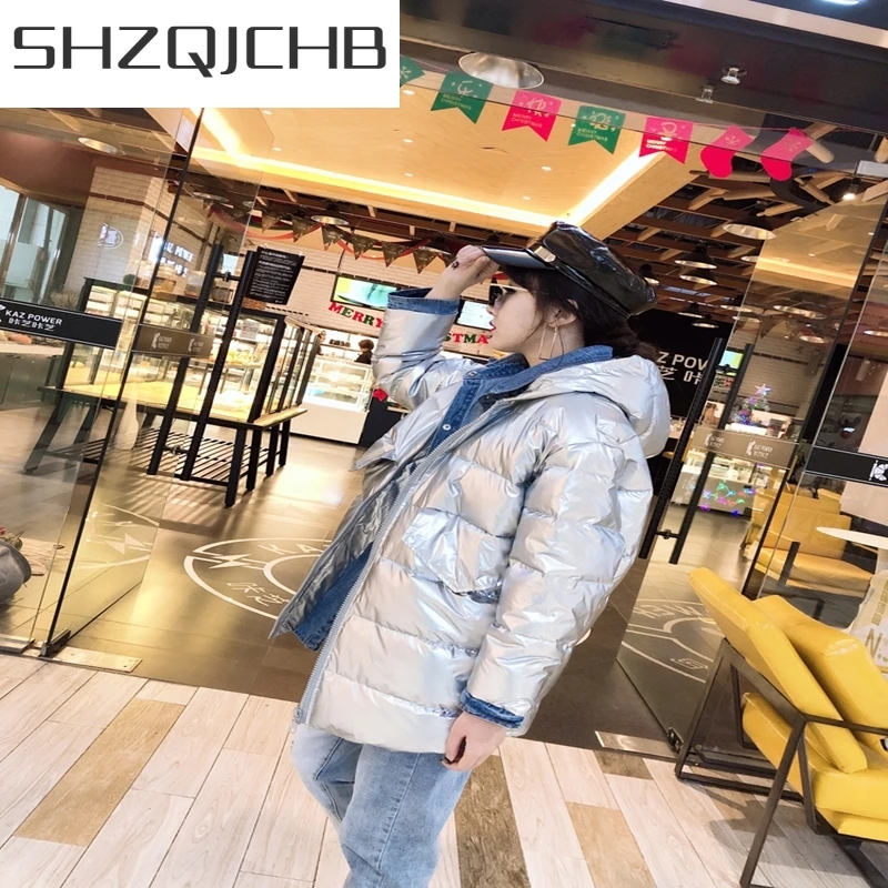 

JCGB 2021 Winter Jacket Women Parkas Mujer Korean Streetwear Hat Hoodies Spliced Fashion Coats Jeans Fit Casaco Feminino LW495