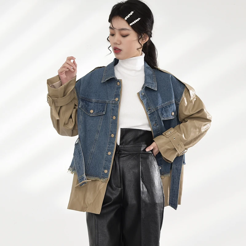 

[EAM] Loose Khaki Denim Pu Leather Big Size Big Size Jacket New Lapel Long Sleeve Women Coat Fashion Spring Autumn 2021 1K92201