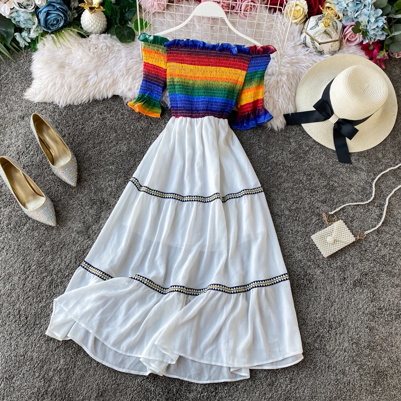 В богемном стиле с открытыми плечами 2021 в полоску платье принтом для девочек