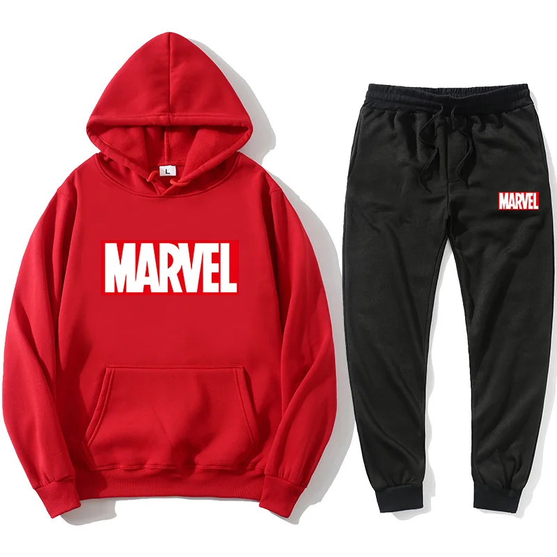 

Marvell moletom + jogging moletom de manga comprida masculino + calças preto feminino roupas esportivas casual terno