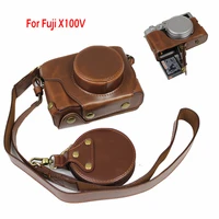 new luxury pu leather case camera bag for fujifilm fuji x100v half cover protective shell with battery opening shoulder strap