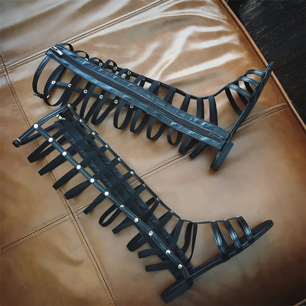 Женская обувь сандалии гладиаторы с ремешками Длинная застежка молния до колена