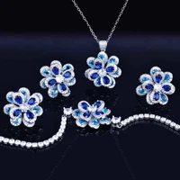 ladiess romantic charm silver color earrings blue camellia zircons necklaces rings sets fine costume jewelry valentines gifts