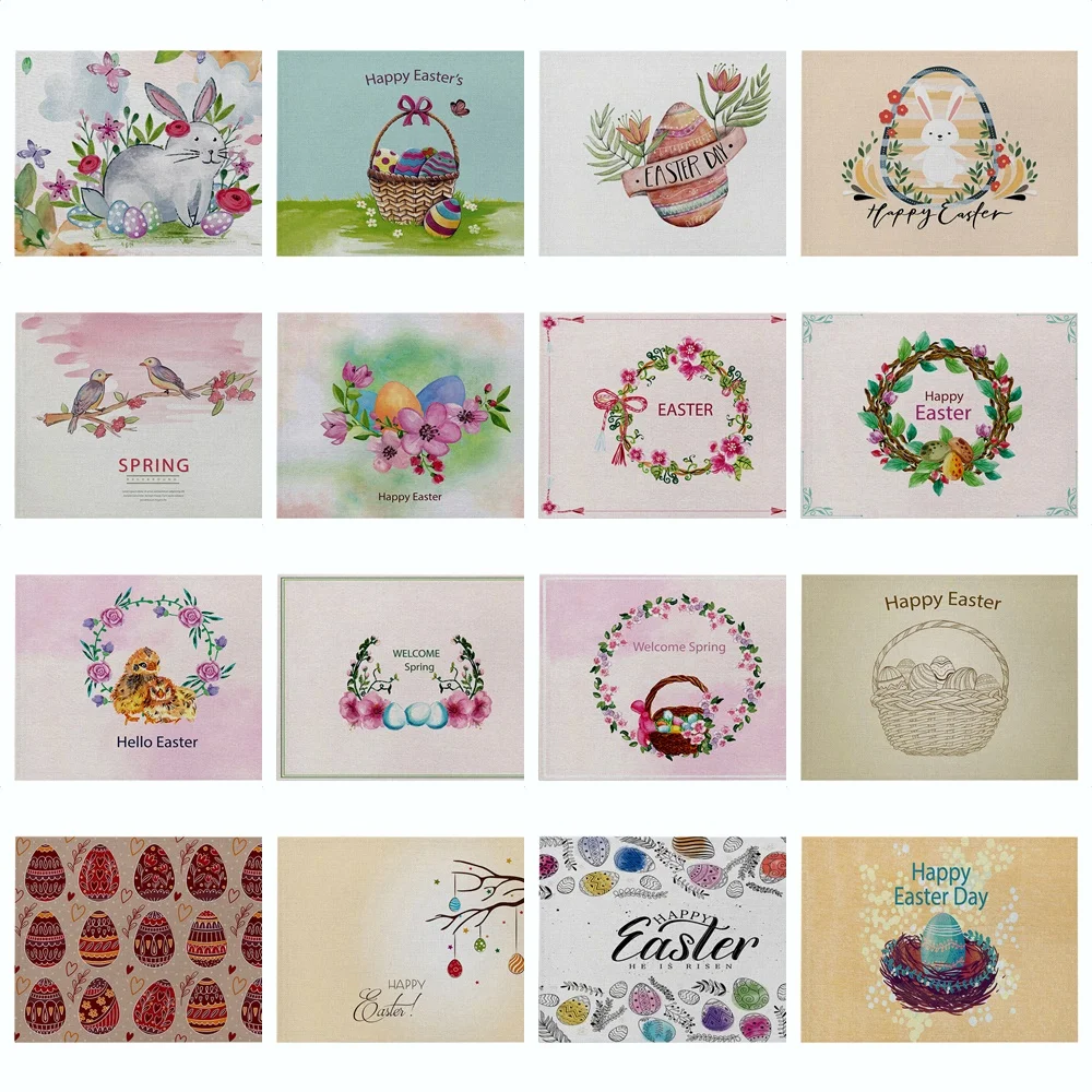 

Happy Easter Bunny Egg Wreath Cotton Linen Kitchen Placemat Dining Table Western Food Cup Coaster Pads Dish Mats Home Decor