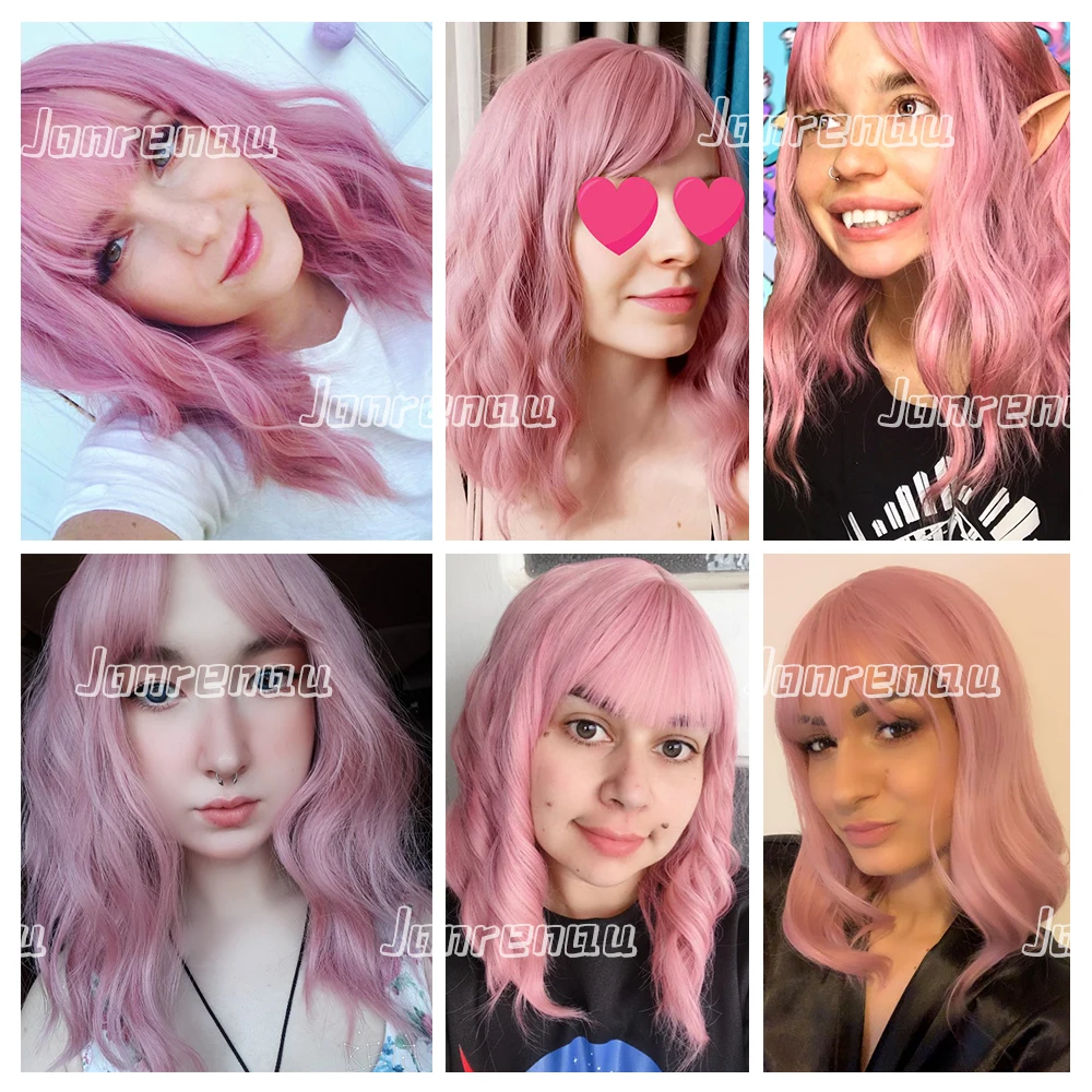 

JONRENAU High Quality Short Natural Wave Hair Synthetic Wigs with Neat Bangs for Women Pink Beige Brown 3 Colors for Choose