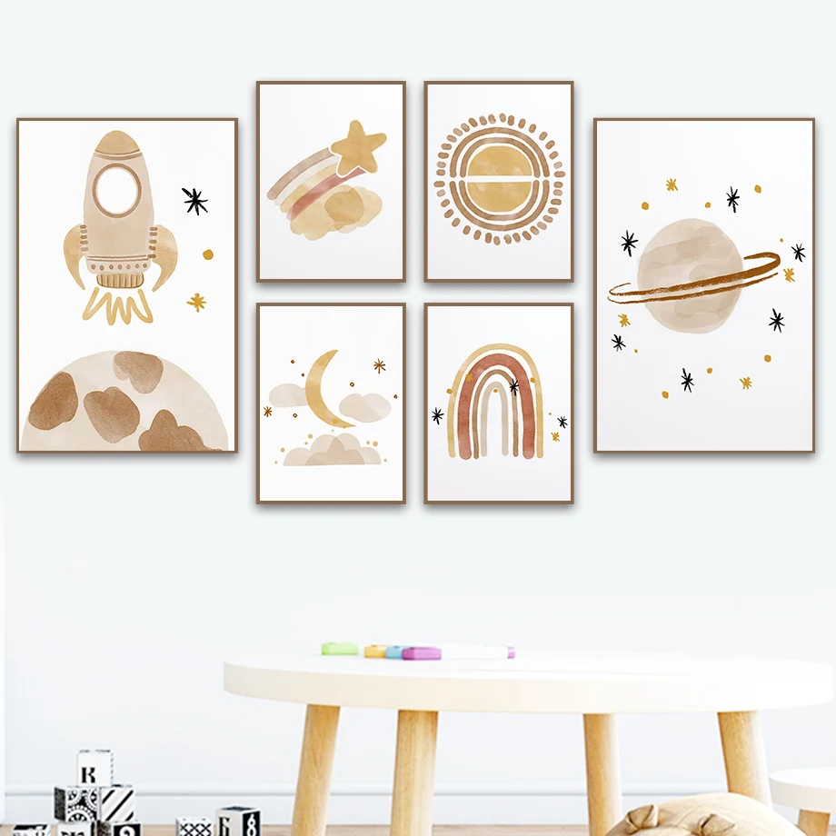 

Rocket Planet Moon Stars Rainbow Sun Cartoons Wall Art Canvas Painting Nordic Posters And Prints Wall Pictures Kids Room Decor