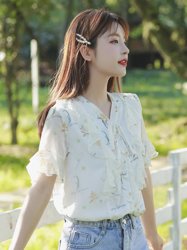 

Women's Blouses And Shirts Female Fashionable Western Style Floral Chiffon Shirt With Short Sleeves Summer Summer Fairy Small