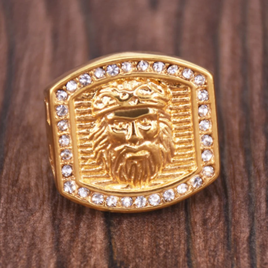 

Hip Hop Men's Iced Out Bling CZ Ring Male Gold Color Stainless Steel Jesus Cross Rings For Men Religious Jewelry Dropshipping