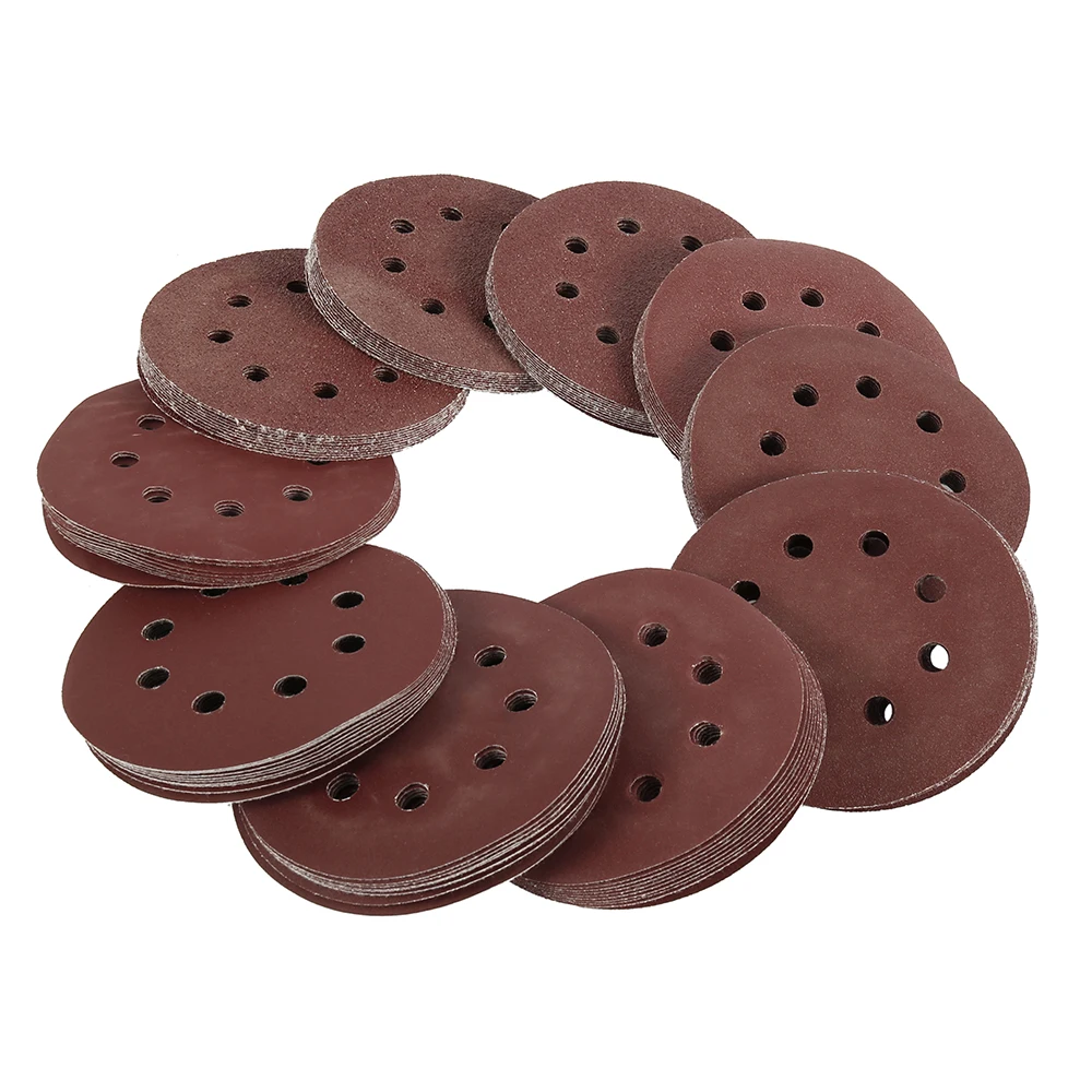 

100pcs/lot 5 Inch Hook Loop Sanding paper with 8 Hole Sand Pads Set Sander Disc Abrasives for Polish Machine