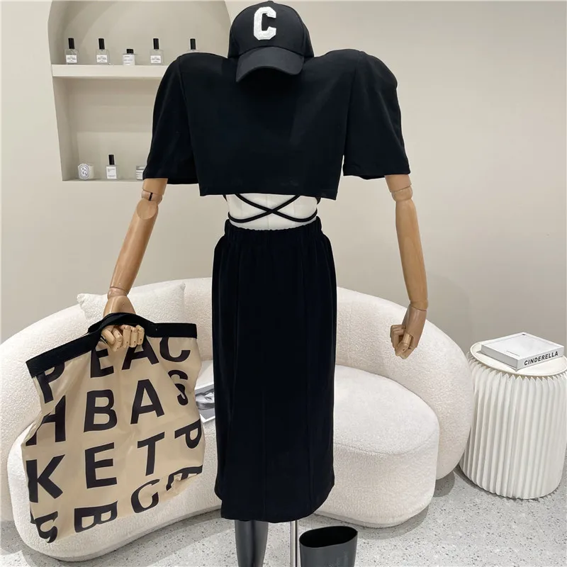 

New Women's Clothing Summer 2021 Fashion Shoulder pad simple short Top + Casual skirt