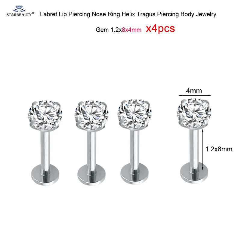 Gem 1.2x8x4mm 4 шт. 16G 6/8/10 мм с украшением в виде кристаллов Лабрет пирсинг для пупка губ нос кольцо ноздрей, пирсинг ореха спирали пирсинг уха носа из нержавеющей стали, серьги - Окраска металла: Gem 1.2x8x4mm