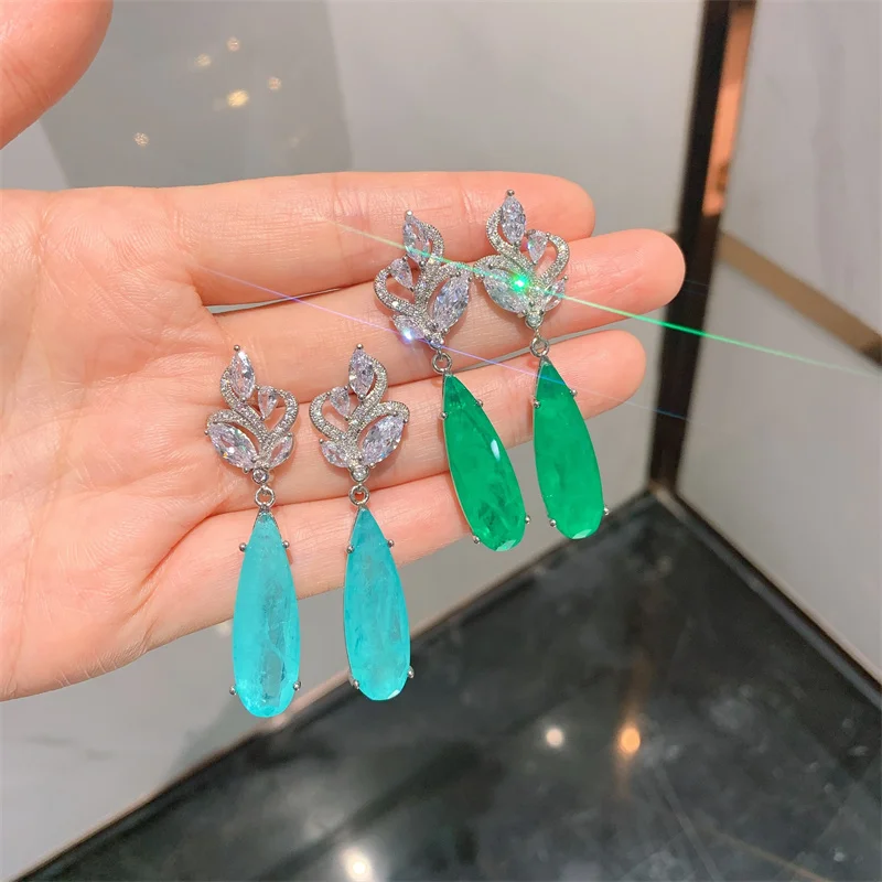 

QTT Luxury Silver 925 Jewelry Paraiba Emerald Tourmaline Gemstone Water Drop Shaped Earrings for Women Female Anniversary Gifts