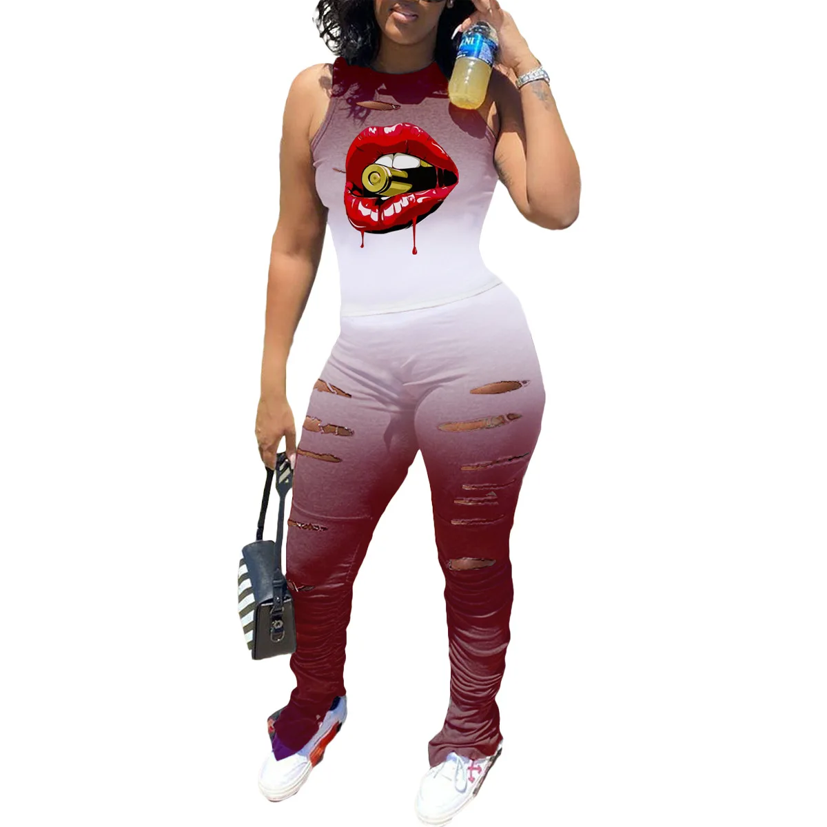 

S-4XL Plus Size Two Piece Women's Sexy Sleeveless Personality Gradient Irregular Hole Fashion Lip Printing Casual Trousers Suit
