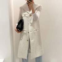 spring autumn small fragrance tweed long vest women lapel souble breasted casual waistcoat