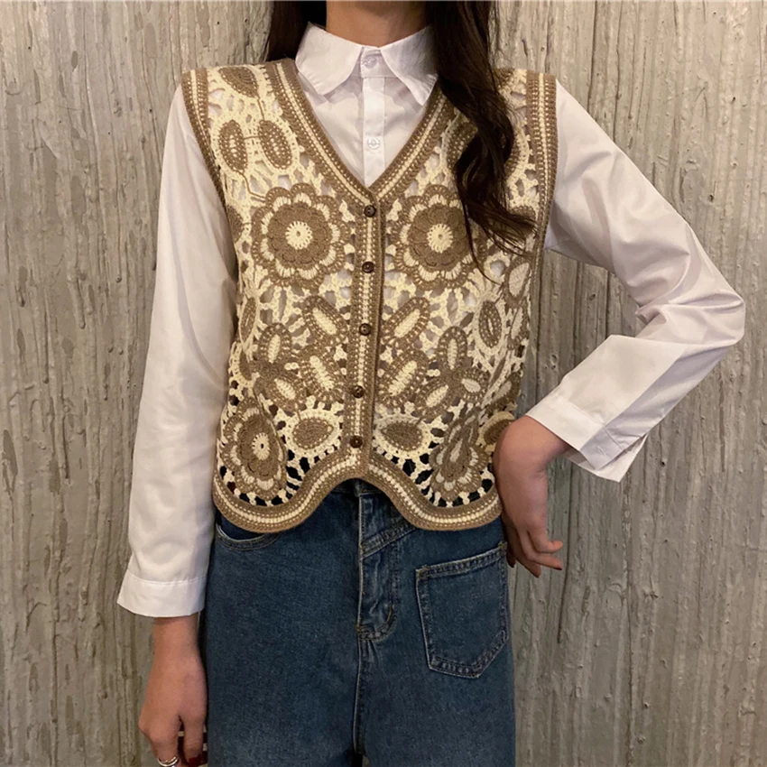 

Floral Crochet Knitted Vest Women 2021 Summer Autumn Womens Retro Sleeveless Jacket Cardigan Boho Bohemian Embroidery Waistcoat