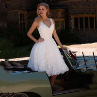 lace spaghetti strap short wedding dress 2021 off shoulder applique knee length v neck sleeveless backless for women bride gowns